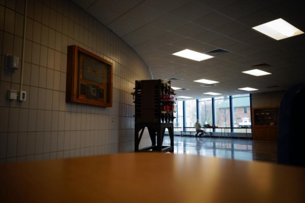 In the lobby of Loomis Lab.