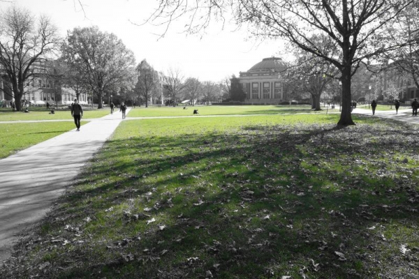 View of Foellinger Auditorium from the main Quad.