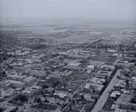 Illinois archive photo of the campus looking to the south, circa 1980. The South Quad is much less developed and lacking its bell tower.