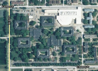 The original Six Pack had six identical dorms and two dining halls. Google Maps screenshot.