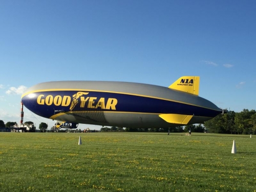 The newly redesigned Goodyear Blimp flew into Oshkosh.