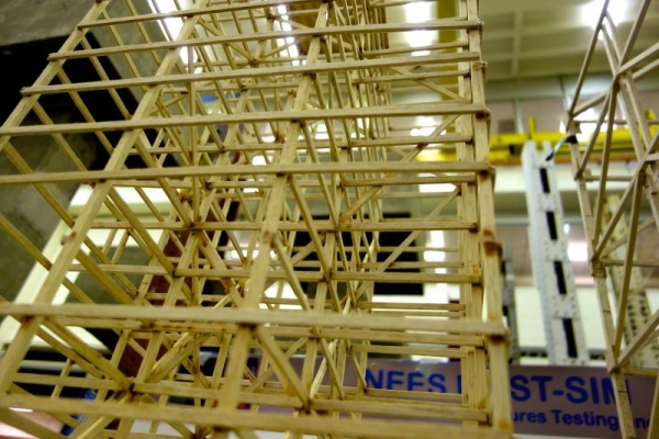 A balsa wood tower at the earthquake station.