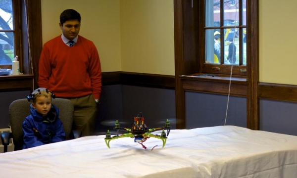 This quadrotor is flying using a signal powered by brainwaves instead of a conventional transmitter.