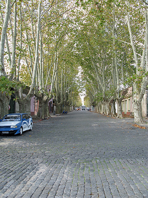 View of the break between the regular orderly cobblestone of the Spanish and the haphazard cobblestones of the Portuguese. Distinctions between the two styles can also be seen in the architecture.