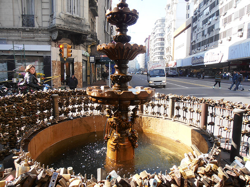 The &quot;fountain of lovers,&quot; two blocks from ORT. The belief is that if a lock is attached to the fountain with two people's initials on it, their love will last as long as the lock remains in place.