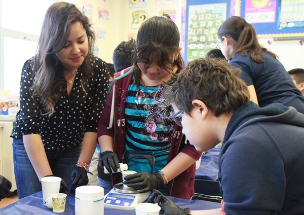 Renata Revelo Alonso supervises as the students measure their cross-linker.