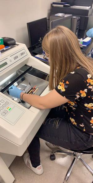 Recent graduate Abbey Merges cuts a specimen of articular cartilage with a cryostat for second harmonic generation analysis. (Photo credit Amanda Maher)