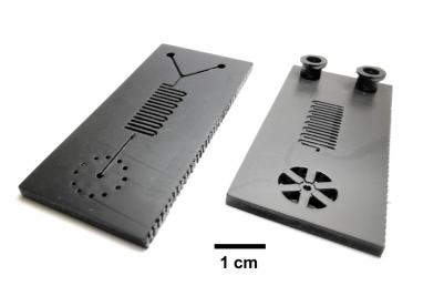 Illinois researchers developed a microfluidic cartridge for a 30-minute COVID-19 test. The cartridges are 3D-printed and could be manufactured quickly. Photo courtesy of Bill King