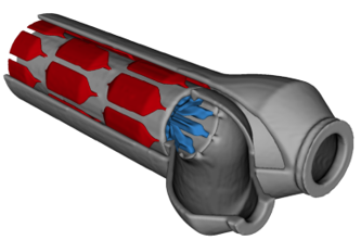<p>Computer Tomography (CT) X-ray image of the tube-in-tube heat exchanger. Color indicates whether hot fluid (red) in the outer tube or cold fluid (blue) in the inner tube. Credit: Hyunkyu Moon, Davis McGregor, Nenad Miljkovic and William P. King.</p>