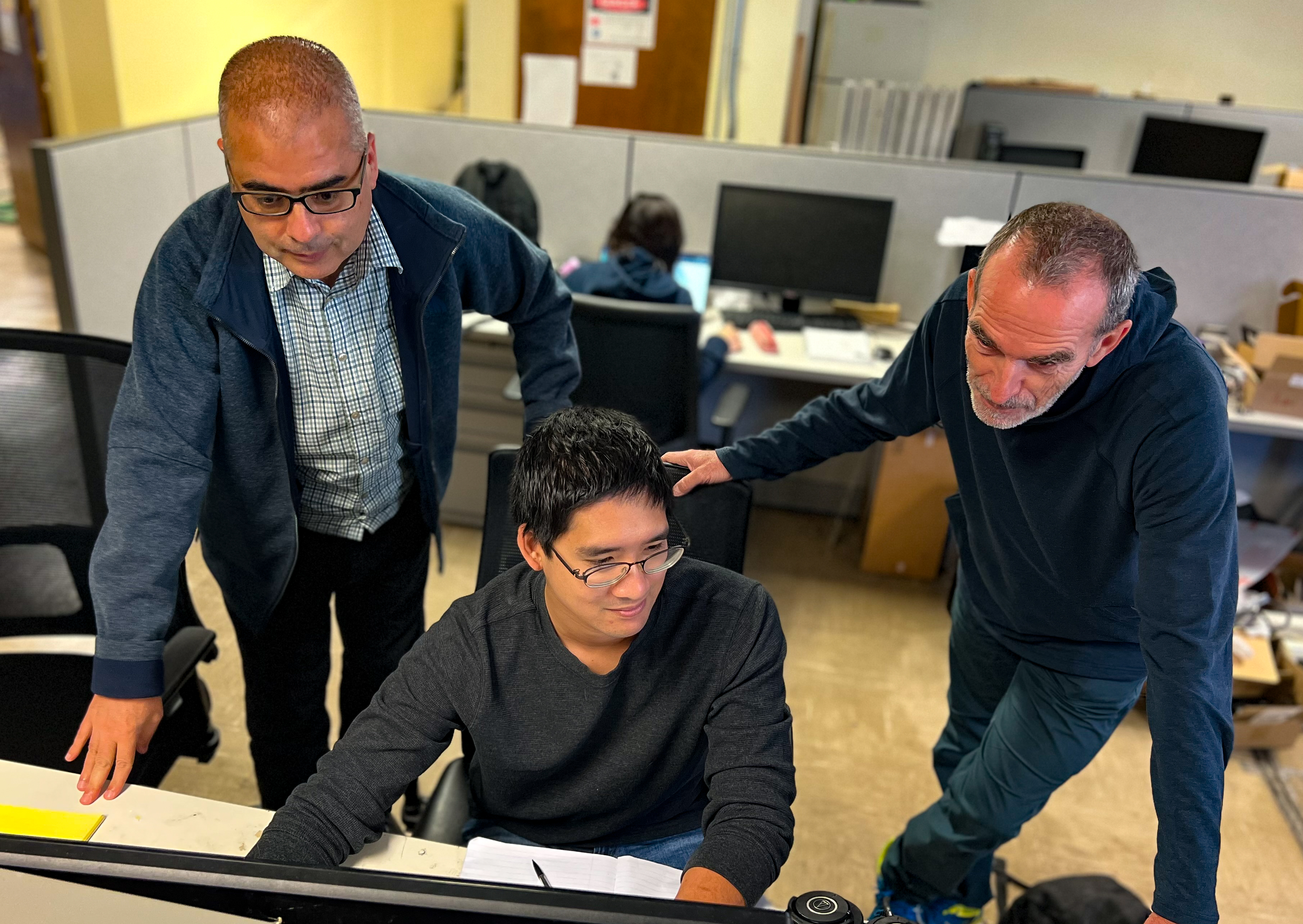 Professor Leonardo Chamorro (left), graduate student Jeffrey Cheng (middle), Professor Jim Best (right)