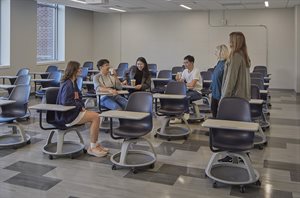 students talking in classroom Sidney Lu Mechanical Engineering Building