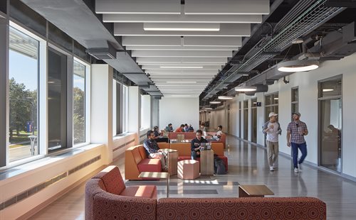 second floor of Sidney Lu MEB with students walking