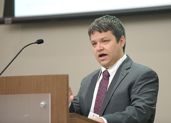 Bryan Petrus speaks at a podium during the MechSE Awards Banquet March 24, 2023.