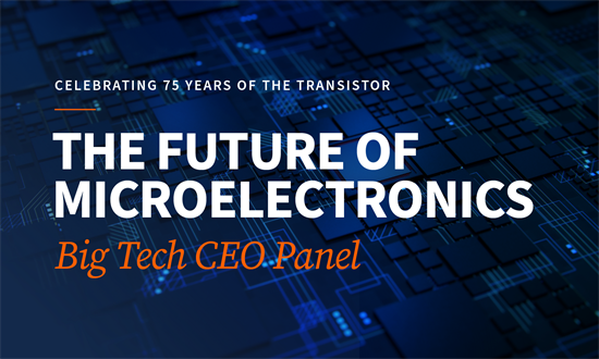 The Future of Microelectronics. Big Tech CEO Panel. IBM, Intel, Nvidia, PSP logos.