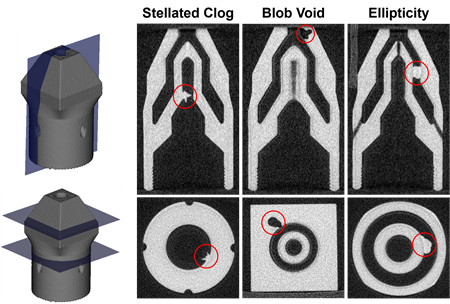 Longitudinal (top) and axial (middle) images of X-Ray CT data of parts with 6 internal defects: a spherical clog, a stellated shaped clog, a cone shaped void, a blob shaped void, an elliptical warp of the inner channel, and a nonconcentric center nozzle.